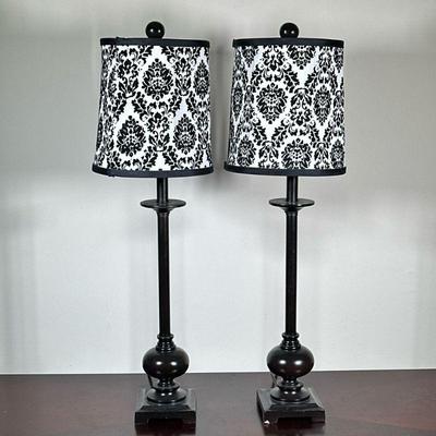 (2pc) PAIR LAMPS | Pair of black metal lamps with black & white shade. - h. 30 x w. 4.5 x l. 4.5 in

