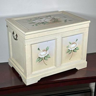 FLOWER PAINTED BLANKET BOX | Felt lined blanket box decorated with white roses. - h. 16.25 x w. 22 x d. 14.75 in

