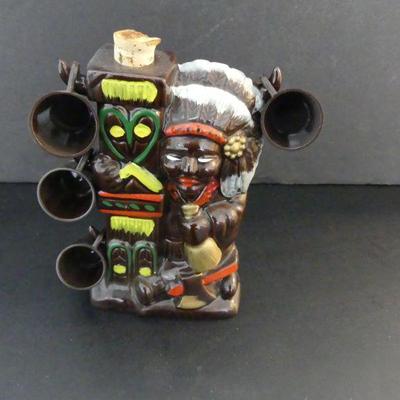 Vintage MCM Native American Terra Cotta Decanter with 4 Shot Cups