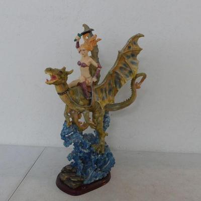 Vintage Warrior Woman Riding Dragon on the Waves Statue - 22" Tall