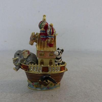 Vintage Ciel Gifts Collectibles Crystal Embellished Enameled Metal Noah's Ark Trinket Box