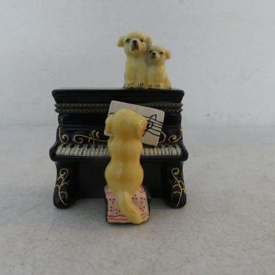 Vintage Porcelain Golden Retriever Pups at Piano Trinket Box