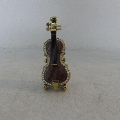 Vintage Bejeweled Violin Enameled Metal Trinket Box