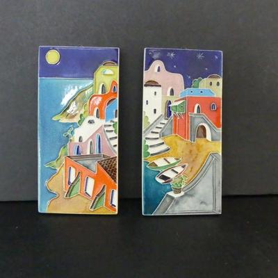 Vintage Creazioni Luciano Hand Painted "Mediterranean Houses" Italian Wall Panels - 4½" x 9¼" Each