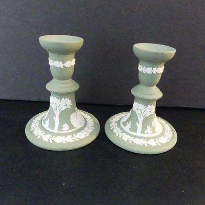 Vintage Wedgwood Jasper Ware Cream on Celadon Pair of Single Reading Candlesticks