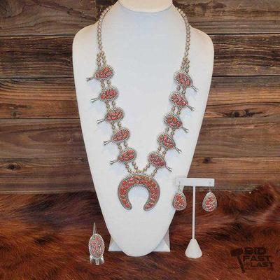 #100 • Coral Cluster Squash Blossom Set By Evelyn Yazzie
