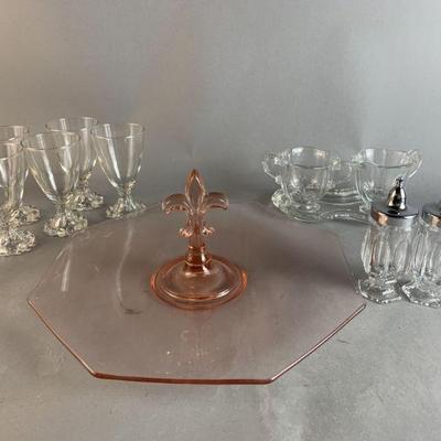 Lot 283 | Fostoria Fleur-De-Lis Pink Sandwich Tray & More!
