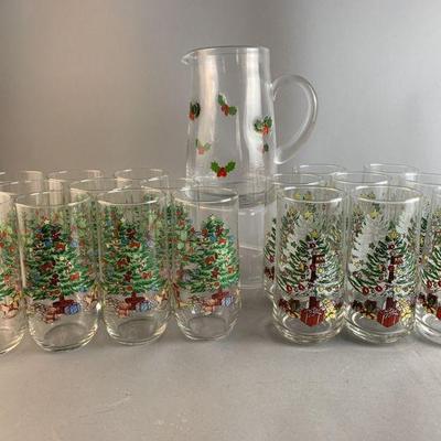 Lot 13 | Christmas Tree Holiday Glasses & Water Pitcher
