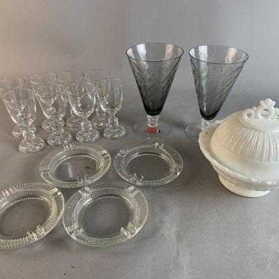 Lot 243 | Fostoria Milk Glass Jar, Iris Smoke Glasses & More
