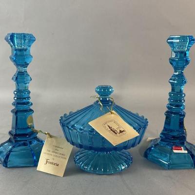 Lot 298 | Fostoria Blue Glass Candlesticks & More
