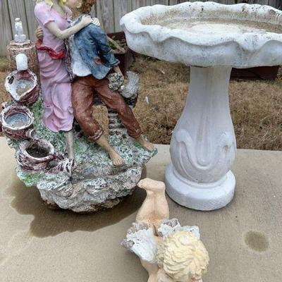 Angel figurine 6 x 7 x 12 in.
Water feature 16 x 24 x12 in. (Unknown if operates, connector hose in photos)
Birdbath 16 x 20 in.