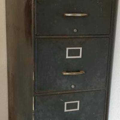 Metal Filing Cabinet w/ Contents: Miscellaneous tools and accessories.