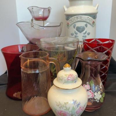 Floral pitcher is plastic with chips on lid 6 x 10 in. 
Red vase pair 6 x 8 in. and 5 x 9 in.
Vtg Indiana cranberry/ruby red glass...