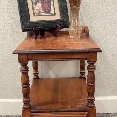 Vintage End Table With Framed Still Life And Etched Vase