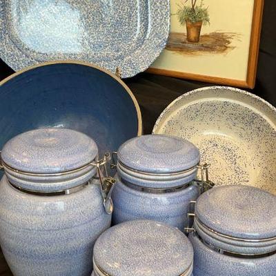 The Main Ingredient canister set 5 x 6 to 7 x 10 in.
Western stoneware bowl 10 x 5 in.
Vintage stoneware blue bowl 12.5 x 6 in....