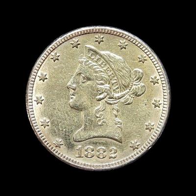 Lot 8
1882 Liberty Head $10 Gold Coin   Weight 16.72 grams   Estimated Melt Value: $1277.38 as of (1/4/25) Buyer is responsible to pay...