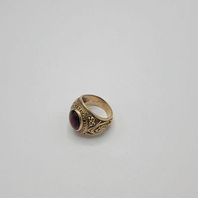 Lot 109 
10k Class Ring Red Gemstone Sz 7.5 Hallmark: 10k / Initials MLS  Weight  11.14 (includes stone) Estimated Melt Value: $393.18 as...