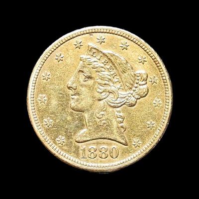 Lot 2
1880 S Liberty Head $5 Gold Coin Weight 8.36 grams  Estimated Melt Value: $638.82 as of (1/4/25) Buyer is responsible to pay for...