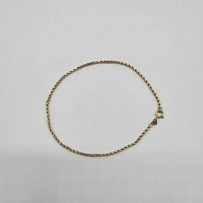 Lot 20
14k Gold Rope Bracelet L 19cm W 22mm Clasp: Spring Ring Hallmark: 14k / OR / WG Weight 0.71 grams  Estimated Melt Value: $34.97 as...