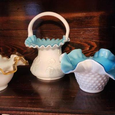 Vintage Kanawha Glass Leaf Design Blue Cased Glass Milk Glass Basket Ruffled Rim & Bowl