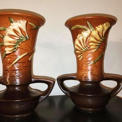 Pair of Roseville Pottery Freesia Brown Vases