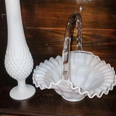 FENTON Glass White Silver Crest Basket & Fenton Hobnail Swung Milk Glass Vintage Pedestal Vase 15”