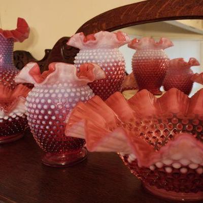 Vintage Fenton Cranberry Opalescent Hobnail Vases/Bowls Different Designs