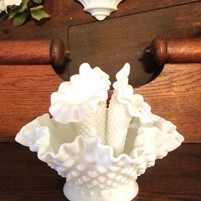 Vintage White Fenton Hobnail Milk Glass 3 Horn Epergne. 10 1/2”