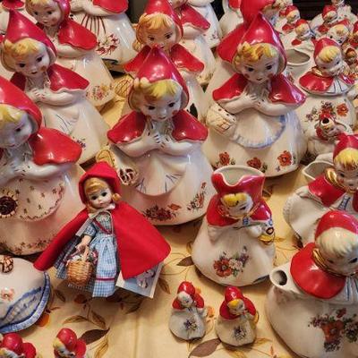 Antique Hull Ware Ceramic Little Red Riding Hood Cookie Jar, Tea Pot, Creamer (Other pieces not mentioned)