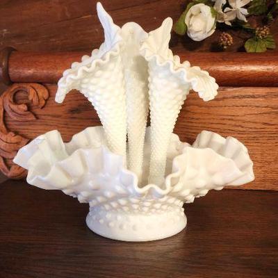 Vintage Fenton White Hobnail Milk Glass Epergne Vase Ruffled Bowl
