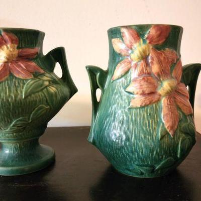 Two Roseville Green Clematis Vase MINT Condition