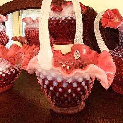 Fenton Glass Red Cranberry Opalescent Hobnail Swirl Spiral Optic Basket w/ Applied White Opalescent Handle
