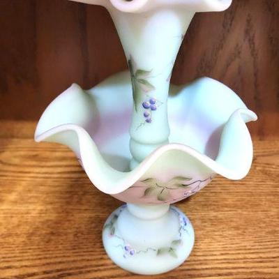 Hand Painted and Signed Fenton Custard Glass Sm Epergne 