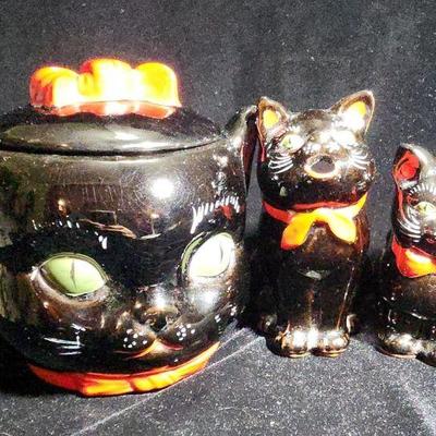 Vintage Black Cat Cookie Jar with Matching Salt and Pepper Shakers