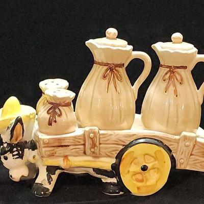 Vintage Ceramic Donkey Cart Condiment Set