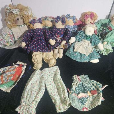 Collection of 8 Vintage Rag Dolls with Clothing