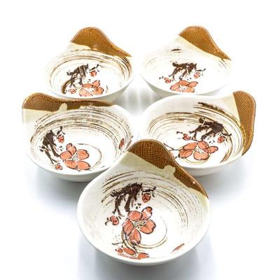 Set of 5 Stoneware Bowls w/Pink Flowers
