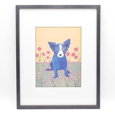 1995 "Blue Dog With Pink And Yellow Flowers" Lithograph by George Rodrigue