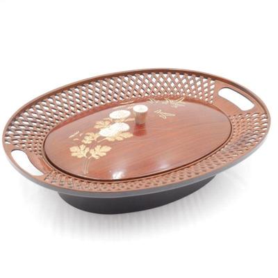 Vintage Japanese Mid-Century Plastic Floral Faux Wood Grain Trinket Lidded Bowl