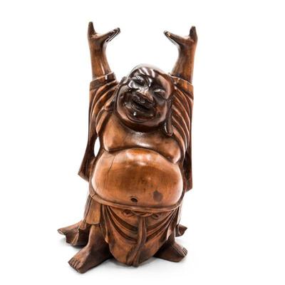 Carved Wood Laughing Buddha Sculpture
