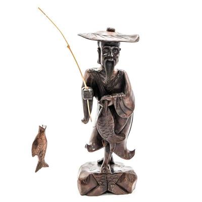 Carved Wood Fisherman Statuette