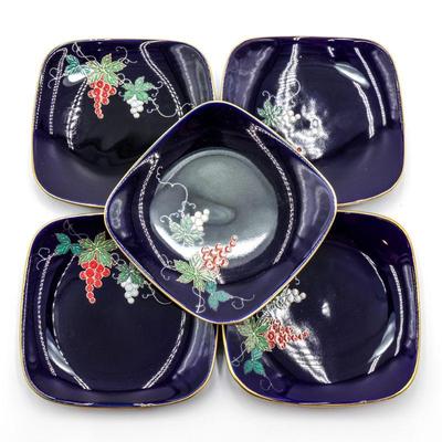 1960s Koransha Arita Imari Ruri Cobalt Porcelain Dishes w/Grape Motif (Set of 5)