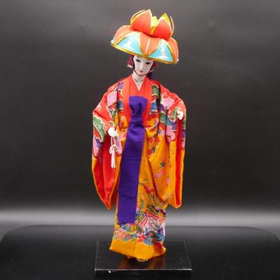 Colorful Hand-Made Japanese Geisha Doll with Plastic Display Case