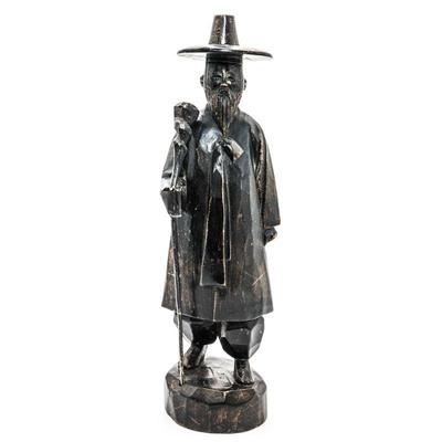 Carved Wood 12" Man w/Walking Stick Statuette