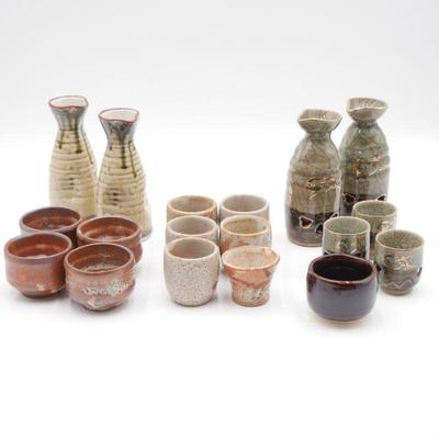 Large Lot of Assorted Ceramic Hand-Made Sake Bottles and Serving Cups
