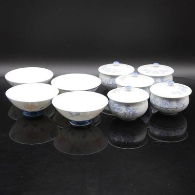 Set of 9 Japanese Porcelain Bowls and Bowls with Lids