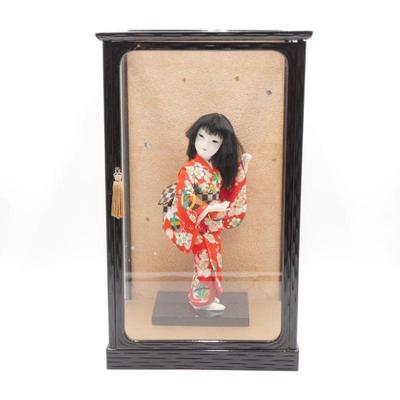 Small Handmade Japanese Geisha Doll in Glass Display Case