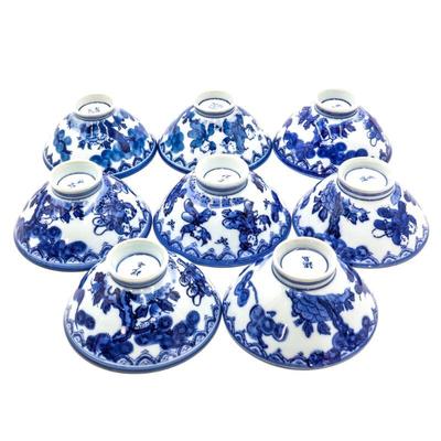 Set of 8 Blue & White Sometsuke Footed Porcelain Rice Bowls