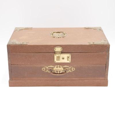 Ornate Dark Wood and Polished Brass Locking 3-Tiered Jewelry Box
