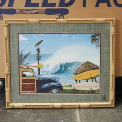 Framed Artprint "Break Time Retro Woodie on Beach Big Wave Surfer" Westmoreland